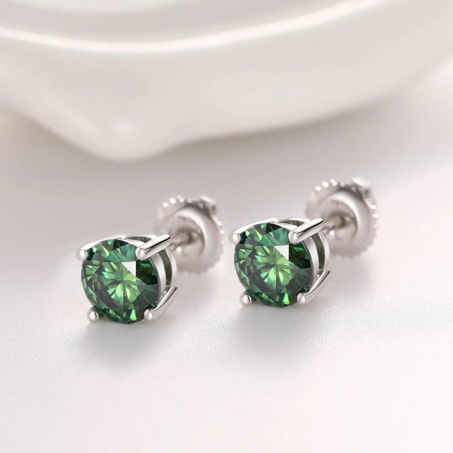 GREEN VVS ROUND 1CT EARRINGS - White Gold Vermeil