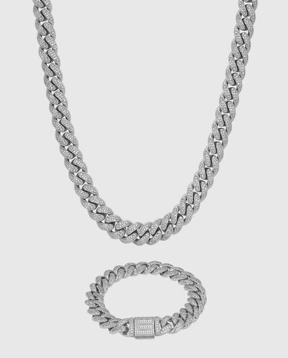 12mm Iced Cuban Chain + Bracelet Bundle - White Gold