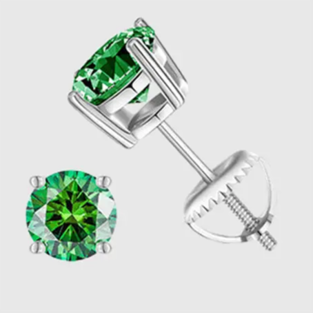 GREEN VVS ROUND 1CT EARRINGS   - White Gold Vermeil